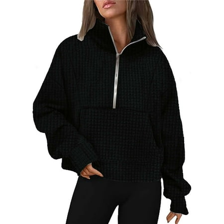 Womens Sweatshirts Half Zip Cropped Pullover Fleece Quarter Zipper Hoodies Fall outfits Clothes Black XXL