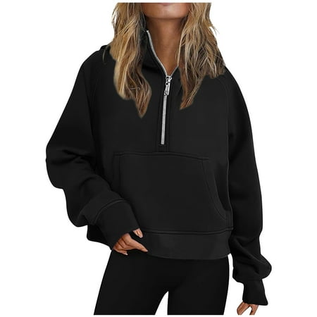 XIAfhje Womens Sweatshirts Fleece Lined Half Zip Hoodies Long Sleeve Workout Hoody Pullover Sweater Tops Plain Oversized Sweatshirts with Pockets