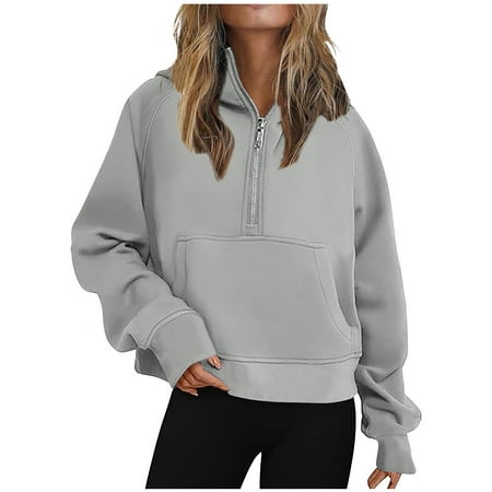 ZyeKqe Womens Hoodies Half Zip Fleece Long Sleeve Sweatshirts Casual Fashion Cropped Pullover Tops