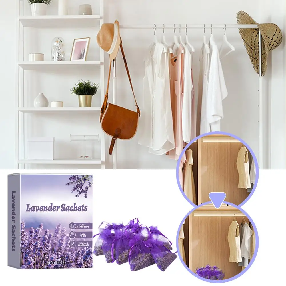 10pcs Natural Lavender Sachets for Closet/Shoe Cabinet/Drawer Home Freshener Long Lasting Floral Scent Air Purifying Deodorizer