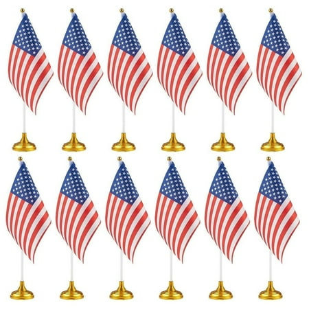 12-Pack Mini American Flags with Stand Base for Desk, Veterans, 4th of July, Memorial Day Small Miniature USA Desktop Centerpiece for Patriotic Home Office Table Party Decorations
