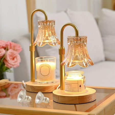 2 Pack Candle Warmer Lamps wit 2H/4H/8H Timer, 4-Level Dimmer, Height Adjustable, Wooden Base Fragrance Candle Warming Lamps with 4 Bulbs 35W, Housewarming Gift Idea
