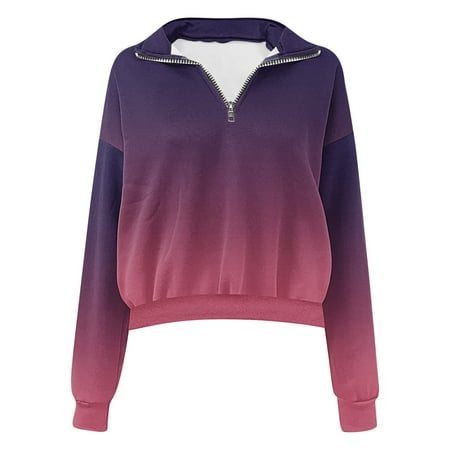 ABATAB Womens Crop Half Zip Pullover Tops Sweatshirt Fleece Lined Casual Long Sleeve Gradient Hoodies