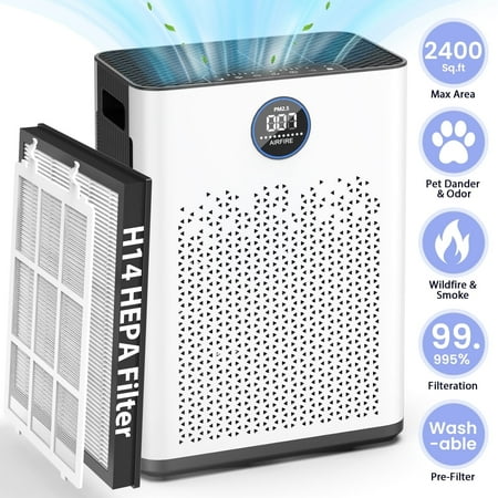 Air Purifiers for Allergies and Asthma up to 2400 Sq.ft, HEPA Air Purifiers with Washable Pre-Filter for Wildfire,Smoke, Pollen, Dust, Pet Fur & Odor, AP307, White+Black