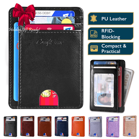 ComfiTime Slim Men’s Wallet - RFID Minimalist Wallet for Men & Women, Small Thin Leather Wallet with ID Window, Credit Card Holder Front Pocket Wallet, Travel Accessories & Gift Box, Black