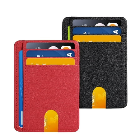 DOMAVER 2PC RFID Card Holder for Men and Women, Slim Minimalist Front Pocket RFID Blocking Leather Wallets Credit Card Holder(Black & Red)