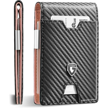 GSOIAX Mens Slim Bifold Wallet, RFID Blocking Genuine Leather Carbon Fiber, 11 Card Slots with Gift Box