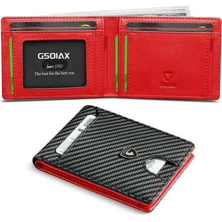Mens Slim Wallet RFID Blocking Bifold wallets for men Minimalist Genuine Leather Carbon Fiber Card Holder Money Clip Thin Mens with Gift Box