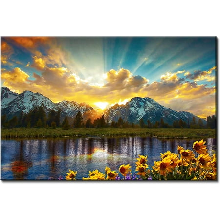 Mountain Wall Art Nature Wall Decor for Living Room Sunset Sunflower Landscape Picture Grand Teton Lake Scenic Painting USA National Park Canvas Prints Poster Artwork Kitchen Home Decoration