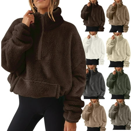 Oversized Lounge Sweatshirt for Women Half Zip Up Long Sleeve Cropped Pullover with Pocket Sild Color Soft Fleece Pullover Fall Fashion 2025