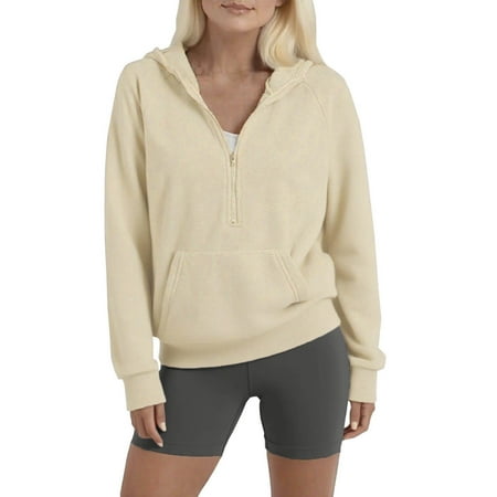 safuny Womens Half Zip Hoodie Fleece Cropped Solid Color Pullover Sweatshirt with Pockets Fall Tops Beige _g XXL