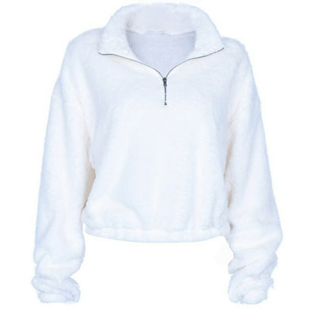 SDFGTstore Half Zippered Fleece Sweatshirt for Women Long Sleeve Furry Pullover Crop Top