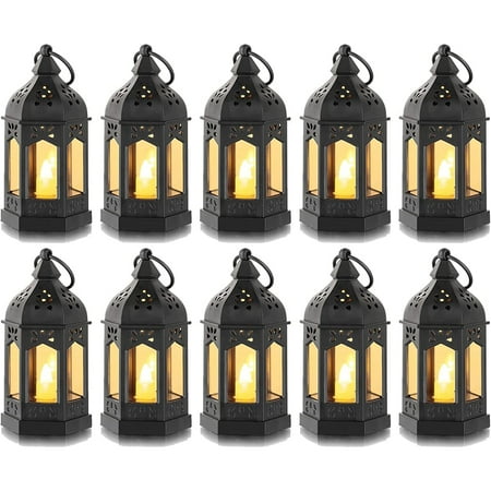Sziqiqi Mini Lanterns Decorative for Centerpiece: 10pcs Hanging Small Black Lantern Bulk with Flickering LED Candles for Halloween Decorations, Wedding Decor, Christmas Table, Batteries Included