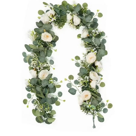Tahtuvnz 5.9ft Wedding Decor Artificial Garland with Flowers White Roses Breath Floral for Party Centerpiece Table Runner, Gifts for Mom