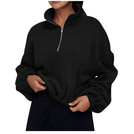 Timegard Half Zip Pullover for Women Oversized Sweatshirts High Neck Crop Winter Fleece Tops with Pockets