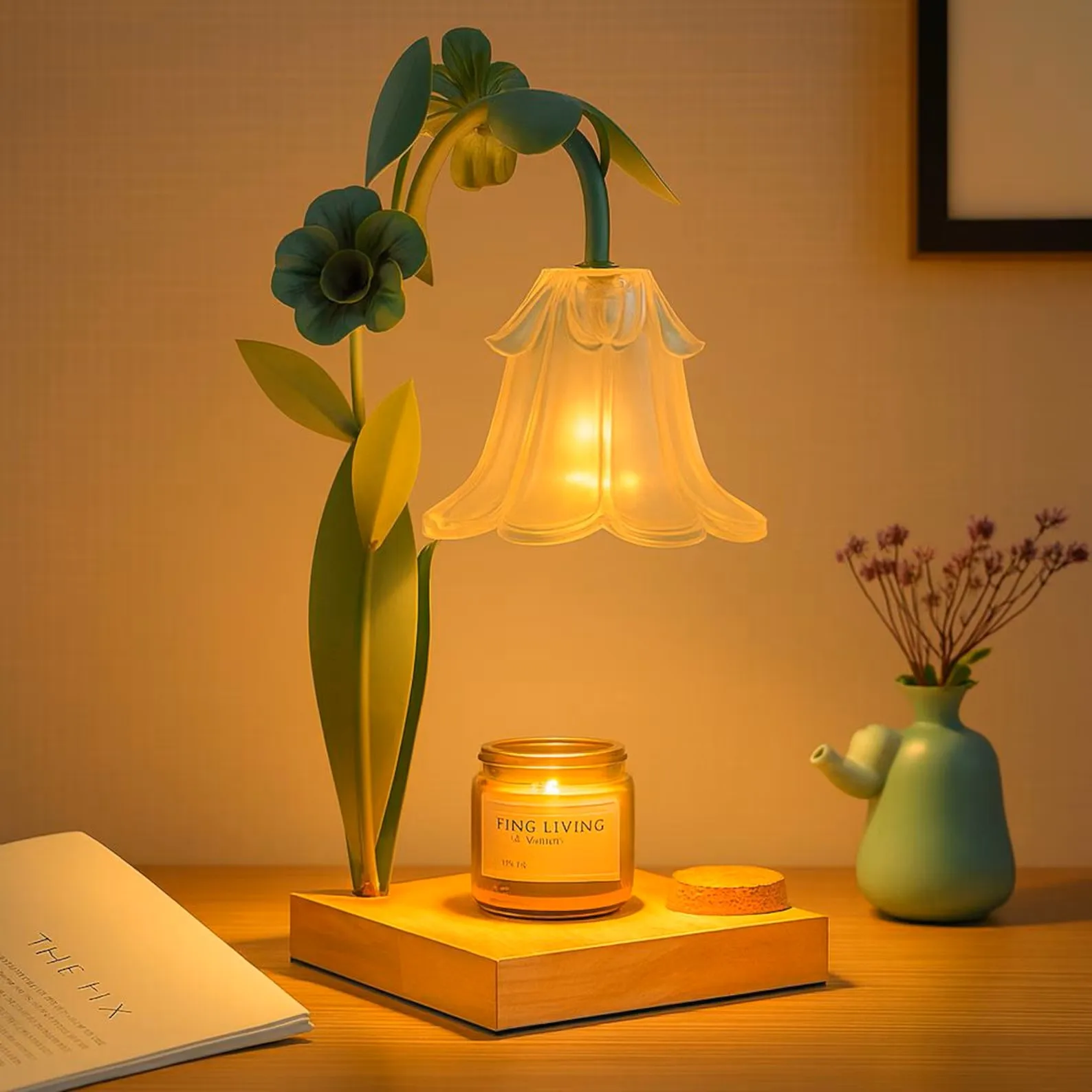 Vintage Flower Candle Warmer Lamp Adjustable Height Timer Night Light Bedroom Table Lamp