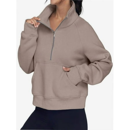 Womens Half Zip Sweatshirts Cropped Long Sleeve Hoodies Oversized Quarter Zip Up Pullover Tops