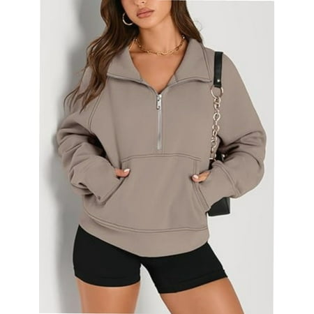 Womens Half Zip Sweatshirts Cropped Long Sleeve Hoodies Oversized Quarter Zip Up Pullover Tops