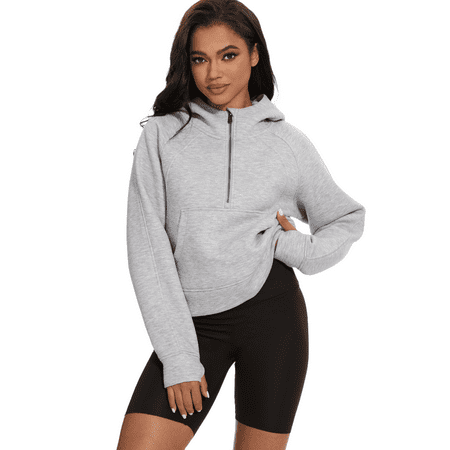 Xidunhg Women's Hoodies Half Zip Long Sleeve Fleece Lined Crop Pullover Sweatshirts with Pockets Thumb Hole Grey L