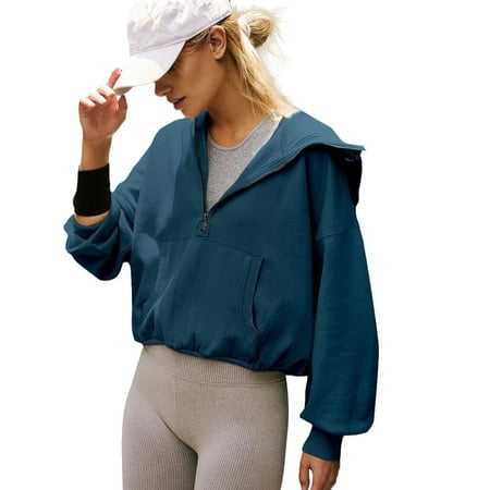 Amazhiyu Womens Half Zip Sweatshirts Cropped Hoodies Pullover Drawstring Long Sleeve Fall Casual Tops with Pocket
