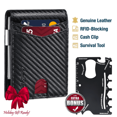 ComfiTime Wallet for Men Slim, RFID Blocking Men's Wallet W/ Money Clip, Genuine Leather Front Pocket Wallet for Men & Women, Small Travel Wallet W/ ID Window, 11 Credit Card Slots & Gift Box, Black