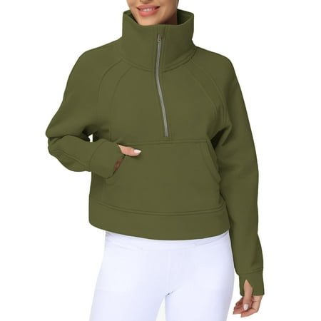 EESK Women's Half Zip Pullover Sweatshirt Fleece Stand Collar Crop Sweatshirt with Pockets Thumb Hole Off-white