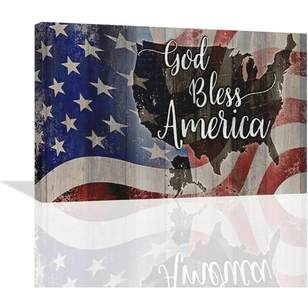 HFDF Large American Flag and USA Map Wall Art Rustic United States Map Pictures Wall Decor God Bless America Canvas Painting Print Home Decor Artwork for Living Room Bathroom Master 16x12inch Framed