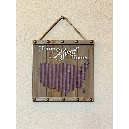 Home Sweet Home Map Of USA Americana Sign Wooden Metal Rustic Wall Door Room Indoor Outdoor Rustic Decor 12" x 12"