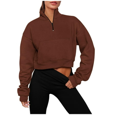 kytmyeq Women's Long Sleeve Casual Lapel Pullover Half Zip Sweatshirts Cropped Sweatshirts With Pocket