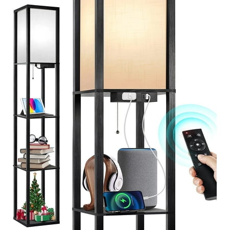 OUTON Floor Lamp with Shelves and Charging, 63.7'' Dimmable Standing Tall Wood Shelf Lamp with Remote for Living Room, Bedroom, Black