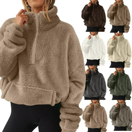 Oversized Lounge Sweatshirt for Women Half Zip Up Long Sleeve Cropped Pullover with Pocket Sild Color Soft Fleece Pullover Fall Fashion 2025