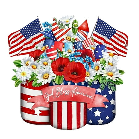 Patriotic Welcome Sign USA Decoration for Home Patriotic Porch Decor 4th of July Memorial Day Wall Décor Wooden Porch Sign Flag Wreath Outdoor Hanging Sign Design 1