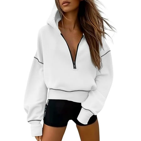 PRETTYGARDEN Women's Hooded Sweatshirts Long Sleeve Half Zip Cropped Hoodie Pullover Winter Fashion Clothes