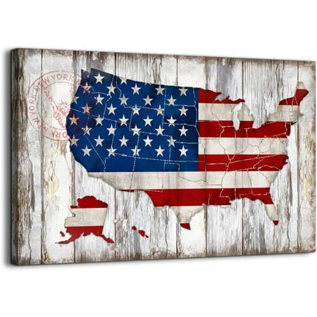 Rustic Wall Decor Vintage American Flag of US Map Canvas Wall Art for Wall Decoration Wood Background USA Flag Canvas Prints for Bedroom Office Kitchen Home Wall Decor Artwork Ready to Hang