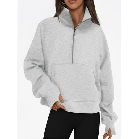 Womens Half Zip Sweatshirts Cropped Long Sleeve Hoodies Oversized Quarter Zip Up Pullover Tops