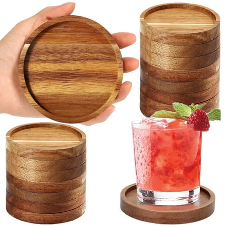 Wooden Coasters Set of 8, Acacia Wood Drink Coasters with Non-Slip Pads – Round Tabletop Protectors for Coffee Table, Desk, Home Decor, Gift Idea
