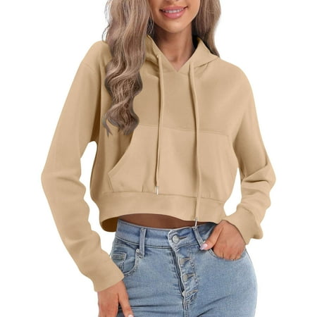 ZQUUVOU Women's Cropped Hoodies Half Zip Up Sweatshirts Casual Long Sleeve Drawstring Sweatshirts Pullover Tops with Pockets Khaki