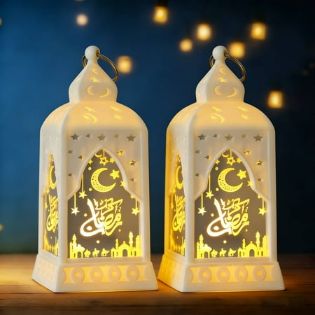 2 Pieces Eid Mubarak Lanterns Decoration 5.2" Height Hanging Lamp Ramadan Flameless Candle Holder with Transparent Glass Eid Mubarak Gifts Lantern for Home Tabletop Decor