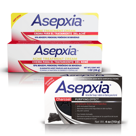 Asepxia Acne Care Set - Charcoal Cleansing Bar Soap for Acne and Blackheads + Acne Spot Treatment Cream with 10% Benzoyl Peroxide