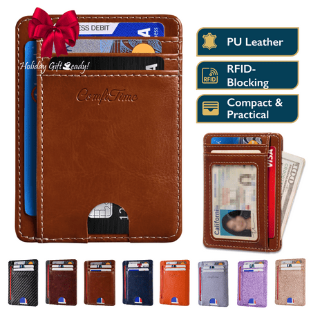 ComfiTime Slim Men’s Wallet - RFID Minimalist Wallet for Men & Women, Small Thin Leather Wallet with ID Window, Credit Card Holder Front Pocket Wallet, Travel Accessories & Gift Box, Brown