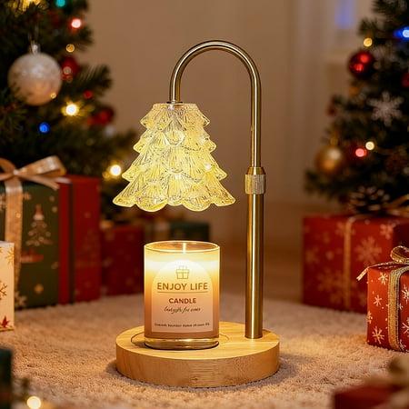 DAYBETTER Candle Warmer Lamp with Timer, Dimmable, Adjustable Height,Electric Wax Melt Burners Light with Christmas Tree Shaped Glass Lampshade in Amber for Bedroom, Home Decor and Gift