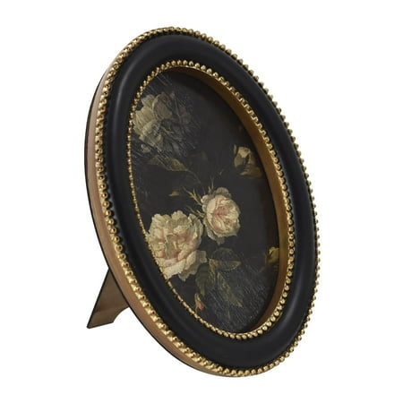 Home Decor Collection Black Round Wall Art or Tabletop, White Rose Floral Print by Antoine Monnoyer with Gold Beaded Frame, Classic Decorative Artwork, 6x8