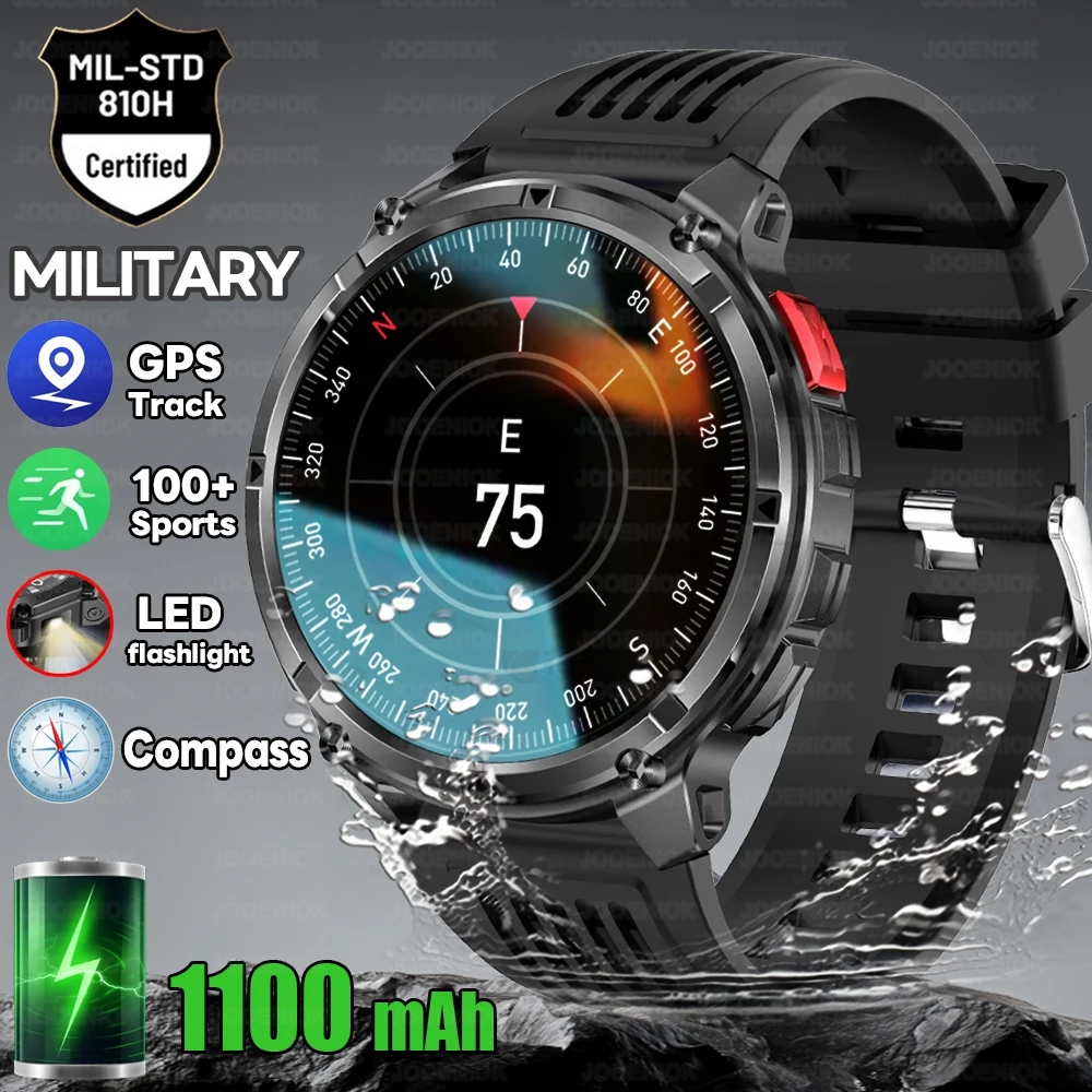 Military Outdoor Smart Watch Men 1100mAh Battery Compass Fitness Tracker AMOLED HD Display BT Calling Smartwatch For Android IOS