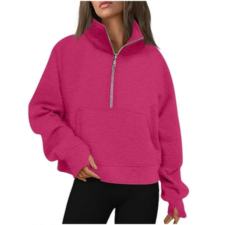 Npasoilc Pullover for Women Crew Neck Long Sleeve Stand Collar Half Zip Cropped Hoodies Casual Loose Top Lightweight Sweatshirts Blouse Tops