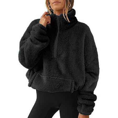 Perfectbot Women's Half Zip Sherpa Fleece Sweatshirt - Warm Trendy Crop Pullover with Stand Collar
