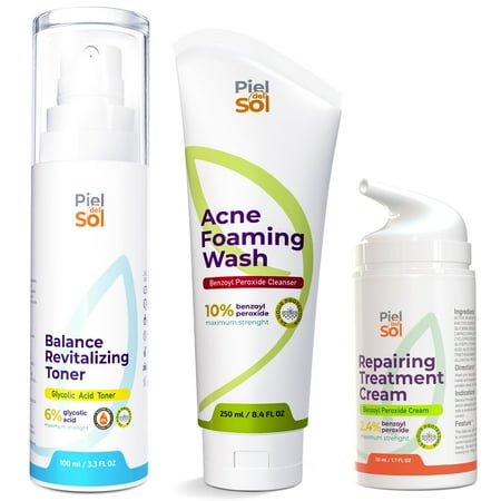 Ultimate Acne & Skin Care Set: Cleanser, Toner, and Cream. pH Balancing Fragrance-Free, Alcohol-Free, Intensive Hydration with Natural Antioxidants, Benzoyl Peroxide Acne Cleansing Cream