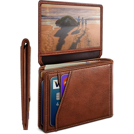 Wallet for Men Wallet with Pocket 2 ID Window 13 Cards,Slim Leather Wallet Front Pocket Card Holder RFID Blocking with Box