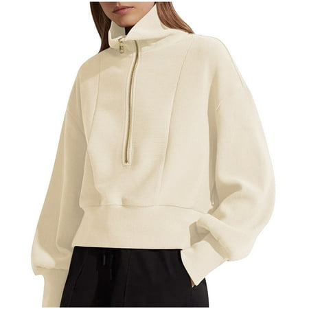XFLWAM Women's Casual Half Zip Sweatshirts Long Sleeve Solid Color Cropped Pullover Jackets Fall Solid Color Coats Beige L