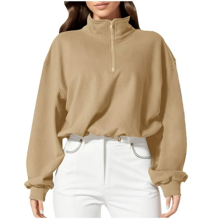 ZyeKqe Half Zip Cropped Sweatshirts for Women Long Sleeve Shirts Fleece Lined Pullover Crop TopFall Clothes