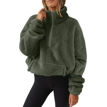 1/4 Zip Sherpa Pullover Womens Fuzzy Fleece Half Zip Pullover Oversized Zip Up Hoodie Quarter Zip Cropped Sweatshirt